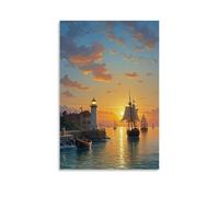ZLLJXFZZ Decorazione artistica da parete ispirata al Rinascimento con navi che navigano su un mare calmo e un faro in lontananza, decorazione artistica da appendere in stile moderno, 40 x 60 cm