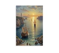 ZLLJXFZZ Decorazione artistica da parete ispirata al Rinascimento con navi che navigano su un mare calmo e un faro in lontananza, decorazione artistica da appendere in stile moderno, 30 x 45 cm