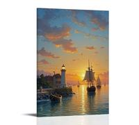 ZLLJXFZZ Decorazione artistica da parete ispirata al Rinascimento con navi che navigano su un mare calmo e un faro lontano, decorazione artistica da parete, poster artistico da appendere, 20 x 30 cm
