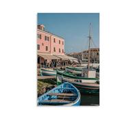 ZLLJXFZZ Decorazione artistica da parete moderna da appendere con una città costiera con barche da pesca colorate, un mercato vivace e un cielo blu chiaro sopra la testa, decorazione artistica da