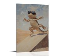 ZLLJXFZZ Dipinto a olio con animali di una lucertola con occhiali da sole che fa un trucco su una rampa nel deserto su uno sfondo beige tinta unita. Decorazione artistica da parete moderna da