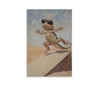 ZLLJXFZZ Dipinto a olio con animali di una lucertola con occhiali da sole che fa un trucco su una rampa nel deserto su uno sfondo beige tinta unita. Decorazione artistica da parete moderna da