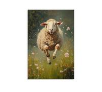 ZLLJXFZZ Dipinto a olio con animali - Una pecora che si ostacola attraverso un prato aperto con petali di fiori che volano decorazione artistica da parete moderna poster da appendere 50 x 75 cm