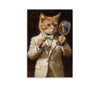ZLLJXFZZ Dipinto a olio di un gatto che controlla i dettagli del vestito finale con uno specchio portatile mentre indossa un abito aderente color avorio. Decorazione artistica da parete moderna da