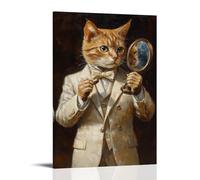 ZLLJXFZZ Dipinto a olio di un gatto che controlla i dettagli del vestito finale con uno specchio portatile mentre indossa un abito aderente color avorio. Decorazione artistica da parete moderna da