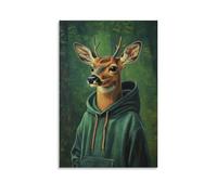 ZLLJXFZZ Dipinto ad olio con animali di un cervo con cappuccio che macina una guida in una foresta radura su uno sfondo verde solido. Decorazione artistica da parete moderna da appendere poster