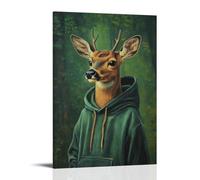 ZLLJXFZZ Pittura a olio con animali di un cervo con cappuccio che macina una guida in una foresta radura su uno sfondo verde solido. Decorazione artistica da parete moderna da appendere 50 x 75 cm