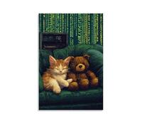ZLLJXFZZ Pixel-art - Decorazione artistica da parete con gattini raggomitolati su un divano con codice binario e un orsacchiotto a tema cripto, decorazione moderna da appendere, 40 x 60 cm