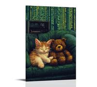 ZLLJXFZZ Pixel-art - Decorazione artistica da parete con gattini raggomitolati su un divano con codice binario e un orsacchiotto a tema cripto, decorazione moderna da appendere, 20 x 30 cm