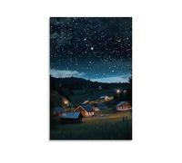 ZLLJXFZZ Poster artistico da appendere alla parete con visione poetica di stelle cadenti su un villaggio tranquillo, decorazione moderna da appendere, 60 x 90 cm