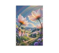 ZLLJXFZZ Poster artistico da appendere con paesaggio da sogno con fiori giganti, farfalle di grandi dimensioni e cielo color arcobaleno, decorazione moderna da appendere, 30 x 45 cm