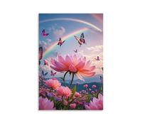 ZLLJXFZZ Poster artistico da appendere con paesaggio da sogno con fiori giganti, farfalle di grandi dimensioni e cielo color arcobaleno, decorazione moderna da appendere, 30 x 45 cm