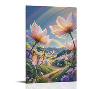 ZLLJXFZZ Poster artistico da appendere con paesaggio da sogno con fiori giganti, farfalle di grandi dimensioni e cielo color arcobaleno, decorazione moderna da appendere, 30 x 45 cm