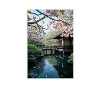 ZLLJXFZZ Poster artistico da appendere con paesaggio di ispirazione giapponese con stagno koi, fiori di ciliegio e un piccolo ponte in legno, decorazione moderna da appendere, 50 x 75 cm