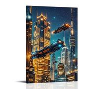 ZLLJXFZZ Poster artistico da appendere con paesaggio urbano futuristico con auto volanti, luci al neon e grattacieli torreggianti sotto un cielo stellato, decorazione moderna da appendere, 20 x 30 cm