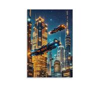 ZLLJXFZZ Poster artistico da appendere con paesaggio urbano futuristico con auto volanti, luci al neon e grattacieli torreggianti sotto un cielo stellato, decorazione moderna da appendere, 20 x 30 cm