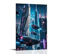 ZLLJXFZZ Poster artistico da appendere con paesaggio urbano futuristico con auto volanti, luci al neon e grattacieli torreggianti sotto un cielo stellato, decorazione moderna da appendere, 20 x 30 cm