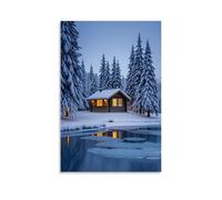 ZLLJXFZZ Poster artistico da appendere con un paese delle meraviglie invernale con pini innevati, un lago ghiacciato e una cabina accogliente che emette luce calda, decorazione artistica da parete, 40