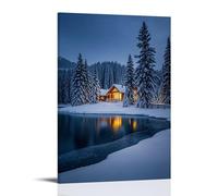 ZLLJXFZZ Poster artistico da appendere con un paese delle meraviglie invernale con pini innevati, un lago ghiacciato e una cabina accogliente che emette luce calda, decorazione artistica da parete, 40