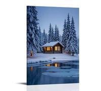 ZLLJXFZZ Poster artistico da appendere con un paese delle meraviglie invernale con pini innevati, un lago ghiacciato e una cabina accogliente che emette luce calda, decorazione artistica da parete, 40