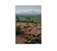 ZLLJXFZZ Poster artistico da appendere con un piccolo villaggio italiano con tetti in terracotta, vigneti e una catena montuosa lontana, decorazione moderna da appendere, 60 x 90 cm