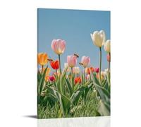 ZLLJXFZZ Poster artistico da appendere con un prato sereno primaverile pieno di tulipani in fiore, api ronzanti e un cielo blu chiaro, decorazione moderna da appendere, 20 x 30 cm