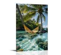 ZLLJXFZZ Poster artistico da appendere con una laguna tropicale con acqua cristallina, barriere coralline e un'amaca tra palme, decorazione moderna da appendere, 50 x 75 cm