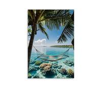 ZLLJXFZZ Poster artistico da appendere con una laguna tropicale con acqua cristallina, barriere coralline e un'amaca tra palme, decorazione moderna da appendere, 60 x 90 cm