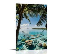 ZLLJXFZZ Poster artistico da appendere con una laguna tropicale con acqua cristallina, barriere coralline e un'amaca tra palme, decorazione moderna da appendere, 30 x 45 cm