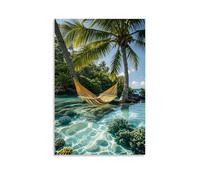 ZLLJXFZZ Poster artistico da appendere con una laguna tropicale con acqua cristallina, barriere coralline e un'amaca tra palme, decorazione moderna da appendere, 30 x 45 cm