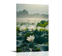 ZLLJXFZZ Poster artistico da appendere con uno stagno tranquillo con fiori di loto, libellule e una nebbia soffusa che si alza nella luce del mattino, decorazione moderna da appendere, 50 x 75 cm