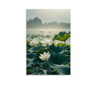 ZLLJXFZZ Poster artistico da appendere con uno stagno tranquillo con fiori di loto, libellule e una nebbia soffusa che si alza nella luce del mattino, decorazione moderna da appendere, 50 x 75 cm