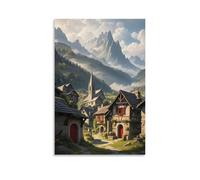 ZLLJXFZZ Poster artistico da appendere con villaggio medievale immerso in una valle, con cottage in pietra, una guglia della chiesa e una montagna nebbiosa Ba, decorazione artistica da appendere, 30 x