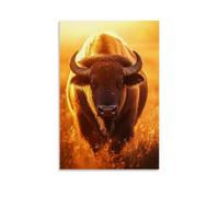 ZLLJXFZZ Poster artistico da parete con bufalo americano nella prateria, realismo della fauna selvatica con luce dorata, decorazione moderna da appendere, 40 x 60 cm