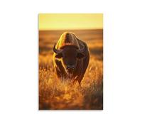ZLLJXFZZ Poster artistico da parete con bufalo americano nella prateria, realismo della fauna selvatica con luce dorata, decorazione moderna da appendere, 30 x 45 cm