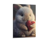 ZLLJXFZZ Poster con animali di coniglietto peloso che tiene il cuore rosso tra le zampe, decorazione artistica da parete, decorazione moderna, poster artistico da appendere, 40 x 60 cm