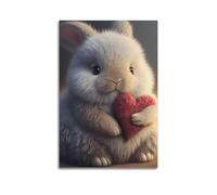 ZLLJXFZZ Poster con animali di coniglietto peloso che tiene il cuore rosso tra le zampe, decorazione artistica da parete, decorazione moderna, poster artistico da appendere, 40 x 60 cm