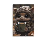 ZLLJXFZZ Poster con animali di un simpatico felino con una coppa sulle zampe che tiene un ramo di un albero, decorazione artistica da parete, decorazione moderna da appendere, 50 x 75 cm