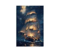 ZLLJXFZZ Poster con paesaggio che mostra il veliero sotto la pioggia di notte, decorazione artistica da parete, decorazione moderna, poster artistico da appendere, 50 x 75 cm