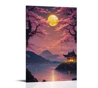 ZLLJXFZZ Poster con paesaggio con edificio cinese con lanterne illuminate che si affacciano su un lago, decorazione artistica da parete moderna, poster artistico da appendere, 50 x 75 cm