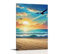 ZLLJXFZZ Poster con paesaggio con gabbiano e tramonto con uccelli che volano sopra la spiaggia, decorazione artistica da parete, poster artistico da appendere, 40 x 60 cm