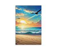 ZLLJXFZZ Poster con paesaggio con gabbiano e tramonto con uccelli che volano sopra la spiaggia, decorazione artistica da parete, poster artistico da appendere, 50 x 75 cm