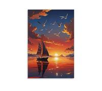 ZLLJXFZZ Poster con paesaggio, con piccola barca a vela nell'oceano calmo con uccelli che volano all'alba, decorazione artistica da parete, decorazione moderna da appendere, 60 x 90 cm