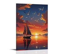 ZLLJXFZZ Poster con paesaggio con piccola barca a vela nell'oceano calmo con uccelli che volano all'alba, decorazione artistica da parete, decorazione moderna da appendere, 40 x 60 cm