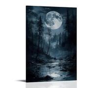 ZLLJXFZZ Poster con paesaggio con un uomo seduto vicino al bordo di un fiume con un ambiente illuminato e una luna piena, decorazione artistica da parete moderna, poster artistico da appendere, 20 x