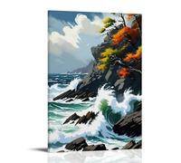 ZLLJXFZZ Poster con paesaggio con una bella riva rocciosa e un albero con foglie autunnali, decorazione artistica da parete, decorazione moderna da appendere, 40 x 60 cm