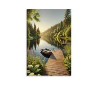 ZLLJXFZZ Poster con paesaggio con una piccola canoa legata a un molo su un trans pacifico, decorazione artistica da parete, decorazione moderna da appendere, 60 x 90 cm