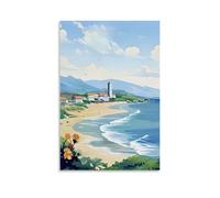 ZLLJXFZZ Poster con paesaggio della spiaggia che mostra un faro, la città e le onde che si infrangono, decorazione moderna da appendere (50 x 75 cm)