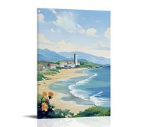 ZLLJXFZZ Poster con paesaggio della spiaggia che mostra un faro, la città e le onde che si infrangono, decorazione moderna da appendere, 20 x 30 cm
