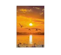 ZLLJXFZZ Poster con paesaggio di uccelli che volano al tramonto sull'acqua con lago e uccelli in stile moderno, decorazione artistica da appendere, 20 x 30 cm